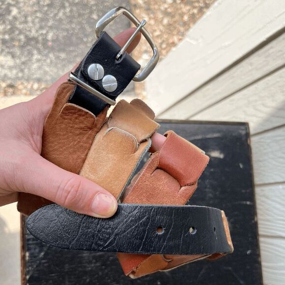 Vintage 70s Multitone Leather Loop Belt Rustic Artisan Patchwork Unisex - Picture 3 of 8